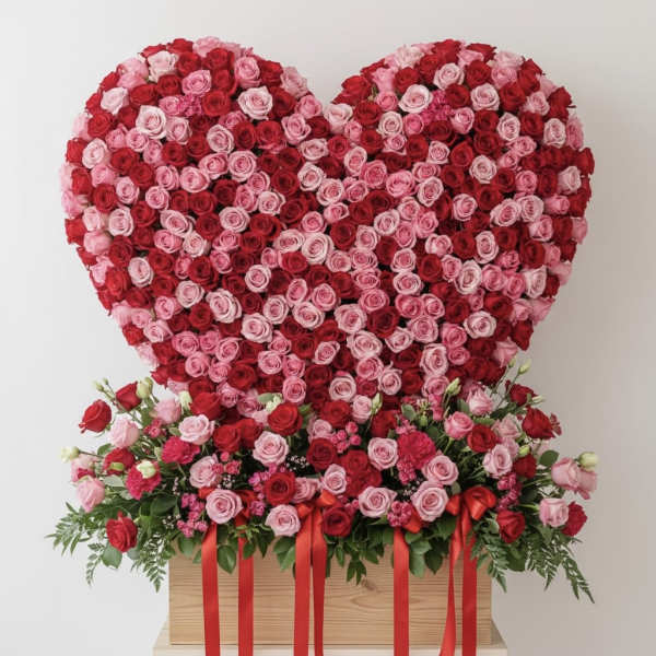 Heart-shaped arrangement of red and pink roses in a wooden box