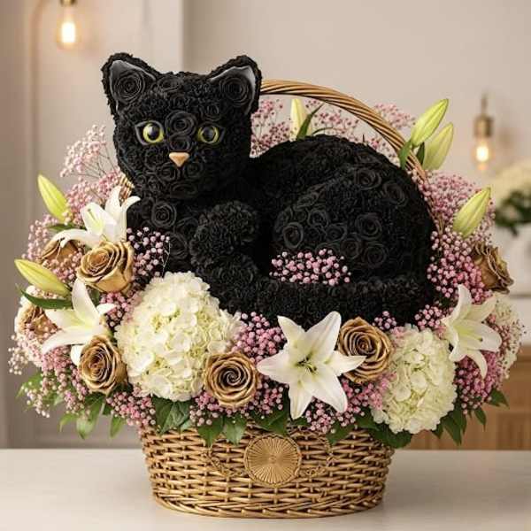 Black rose cat arrangement in a wicker basket with lilies and pink filler flowers