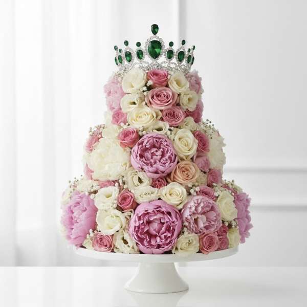 Tiered pink and white floral cake with a jeweled green crown topper