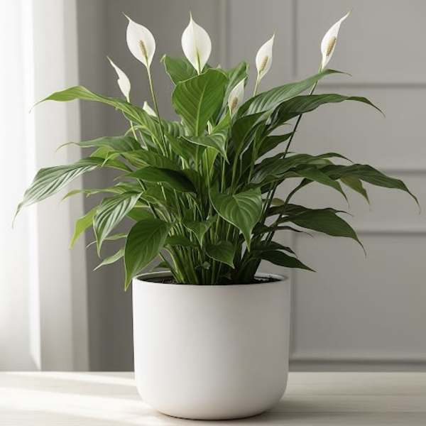 Potted peace lily with white blooms in a white planter