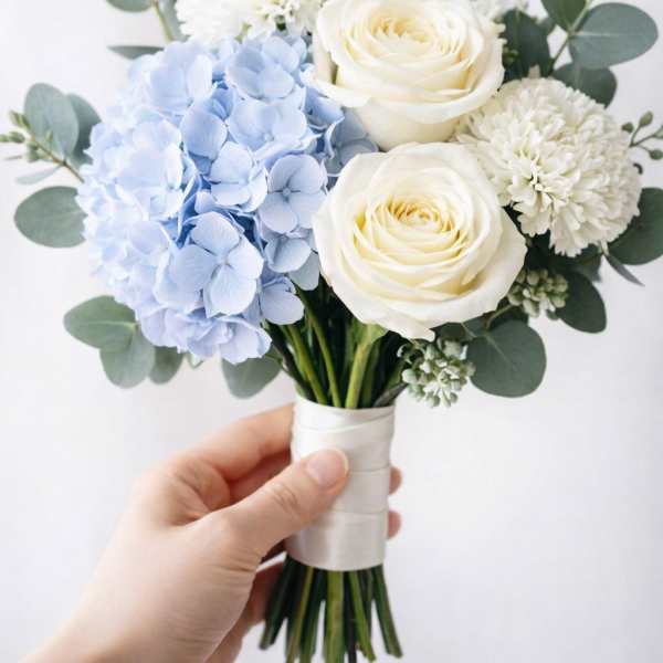 Handheld bouquet of white roses, blue hydrangea, and white mums
