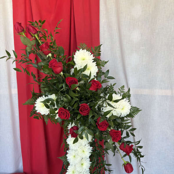 Standing floral spray with red roses and white chrysanthemums
