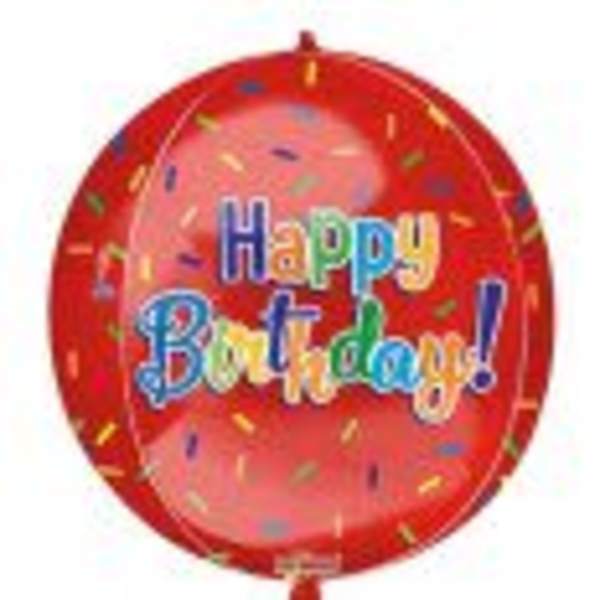 Round red birthday balloon with colorful confetti and Happy Birthday text