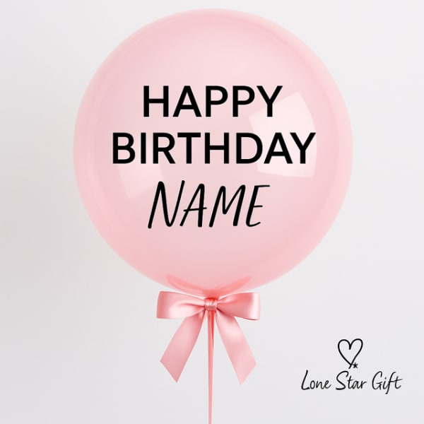 Pink birthday balloon with a satin ribbon and custom name text