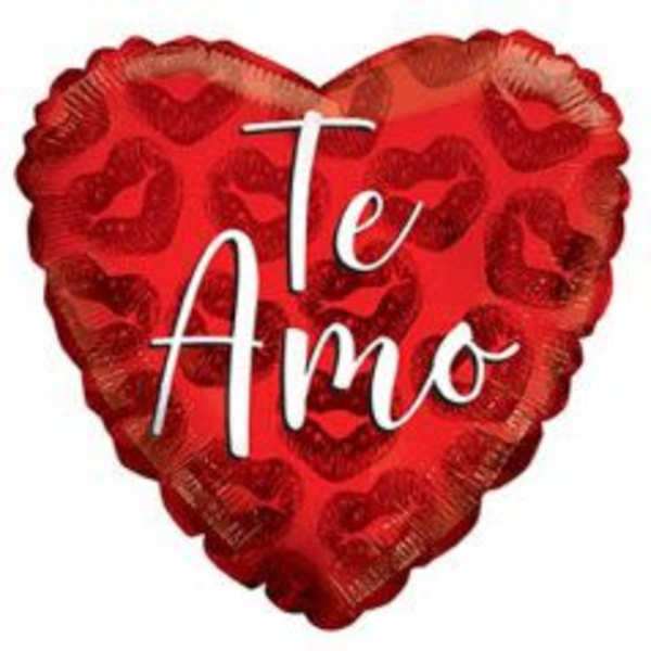 Red heart-shaped balloon with "Te Amo" text