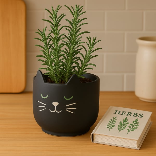 Potted herb plant in a black cat-face planter beside a herb book