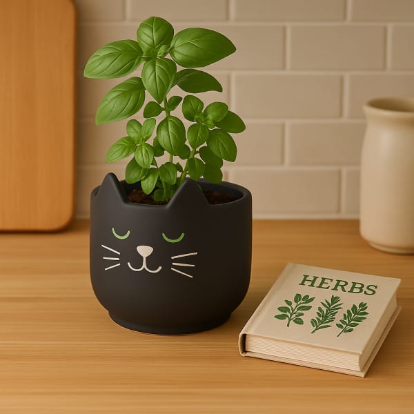 Potted herb plant in a black cat-face planter beside a herb book