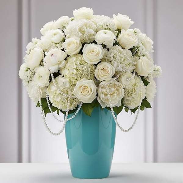 White roses and hydrangeas in a turquoise vase with pearl strands