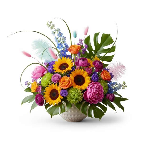 Colorful bouquet with sunflowers, roses, and mixed blooms in a round vase