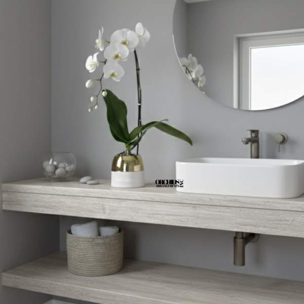 White orchid in a gold and white pot on a bathroom counter