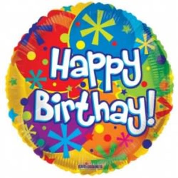 Round birthday balloon with colorful "Happy Birthday!" text