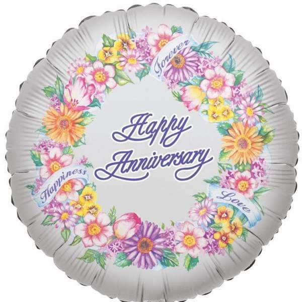 Round silver balloon with floral wreath and "Happy Anniversary" text