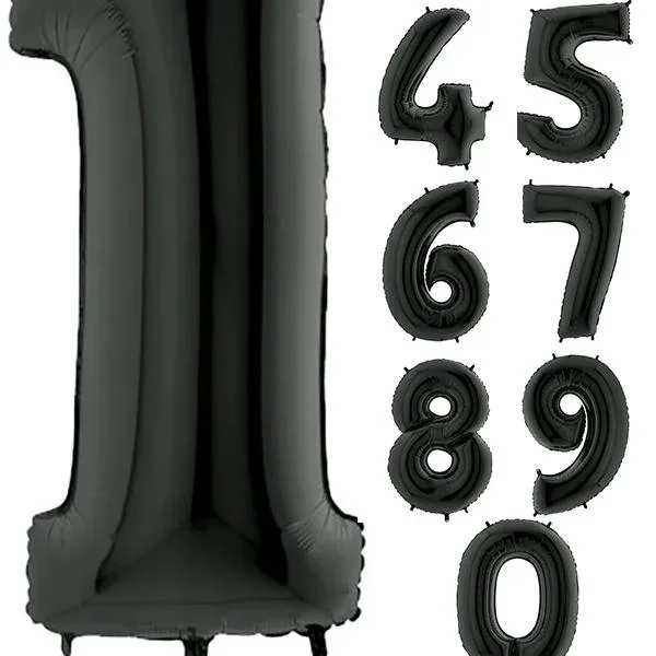 Black number balloons arranged as 1, 2, 3, 4, 5, 6, 7, 8, 9, 0
