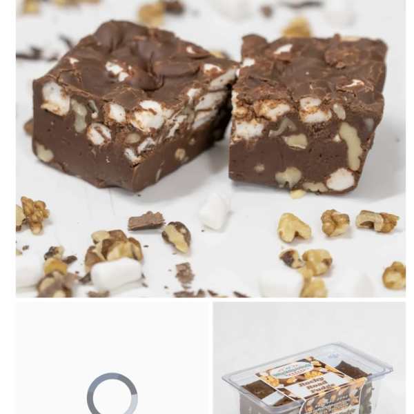 Chocolate fudge squares with nuts in a plastic container
