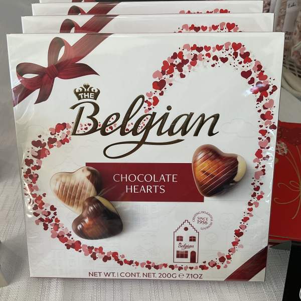 Box of Belgian chocolate hearts with red heart graphics