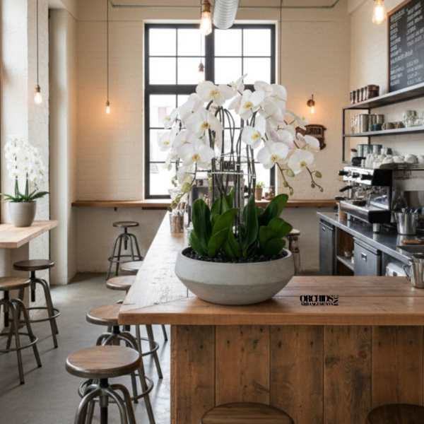 White orchid arrangement in a shallow gray planter on a wooden counter