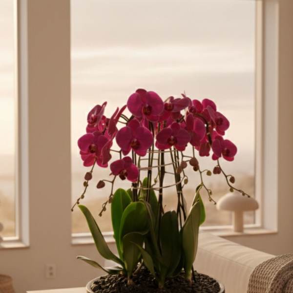 Potted magenta orchids in a shallow black bowl on a table
