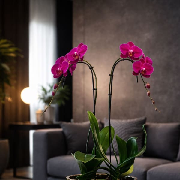 Pink orchids in a gold planter on a marble table