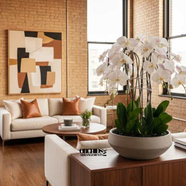 White orchids in a round planter on a wooden table