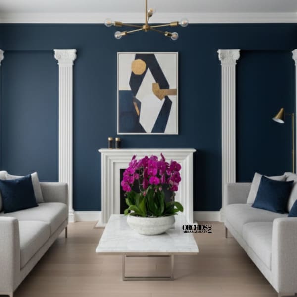 Potted orchid arrangement with bright purple blooms on a coffee table