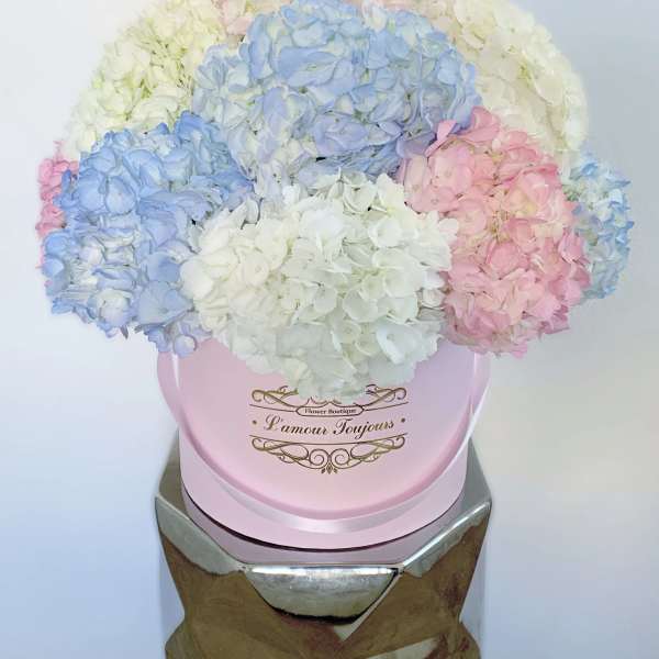 Pastel blue, pink, and white hydrangea arrangement in a pink hat box on a reflective pedestal