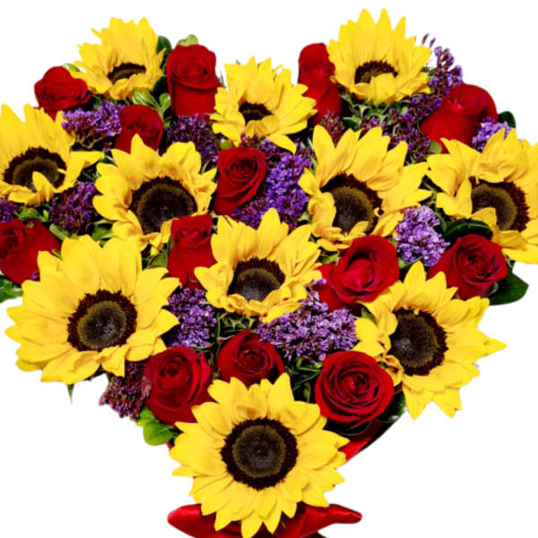 Heart-shaped bouquet of yellow sunflowers and red roses