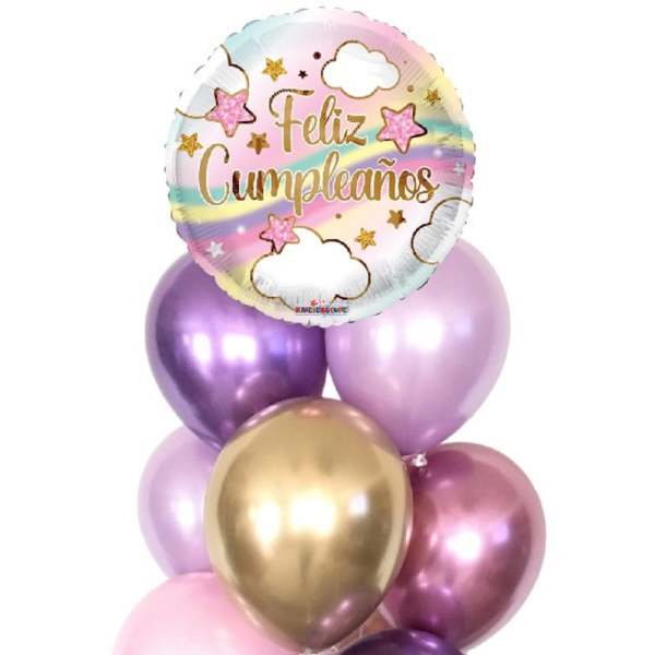 Birthday balloon bouquet with a "Feliz Cumpleaños" foil balloon and metallic latex balloons
