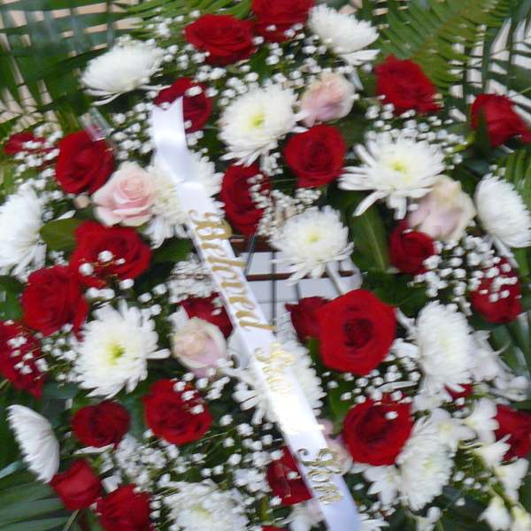Red and white floral spray with roses and daisies