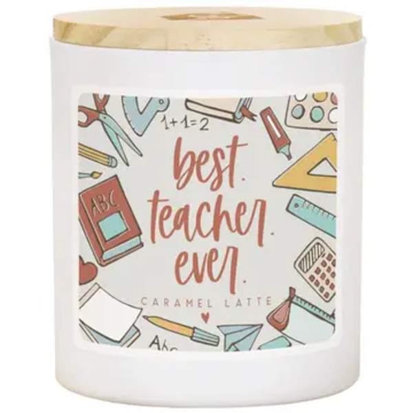 White candle jar with a "best teacher ever" label