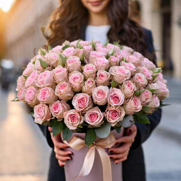 Large bouquet of pale pink roses in a round box with a ribbon
