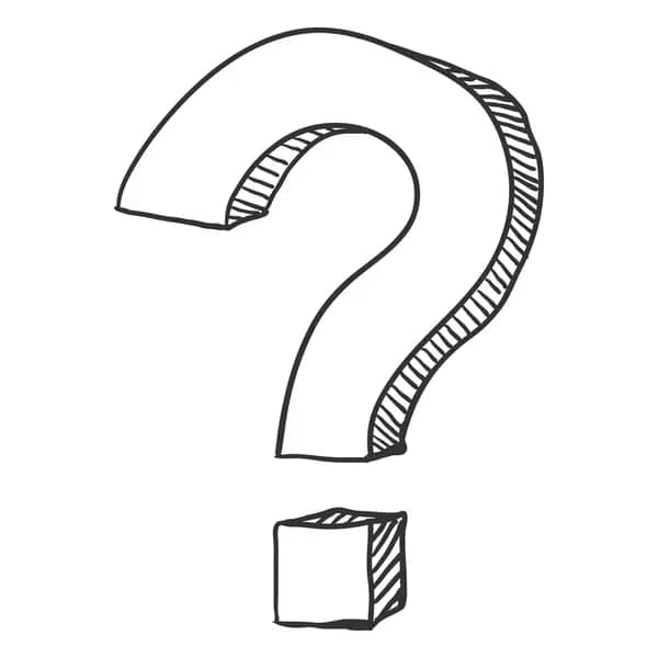 Black outlined question mark above a small cube on a white background