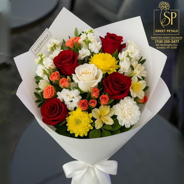 Bouquet of red, white, and yellow flowers wrapped in white paper