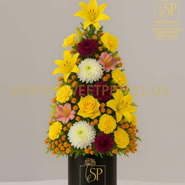 Triangular floral arrangement in a black vase with yellow lilies and mixed blooms