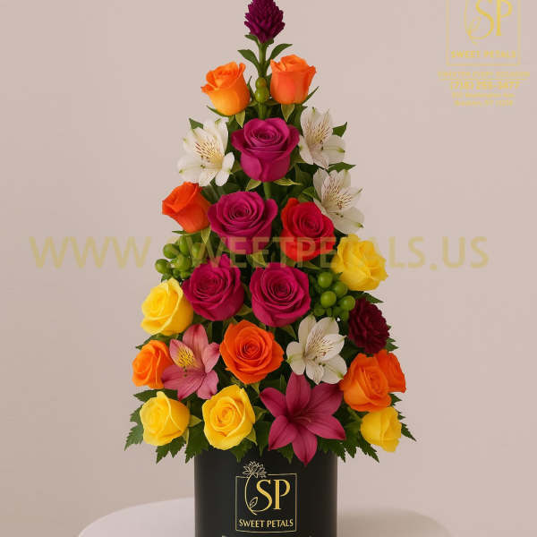 Tiered bouquet of multicolored roses and alstroemeria in a black box