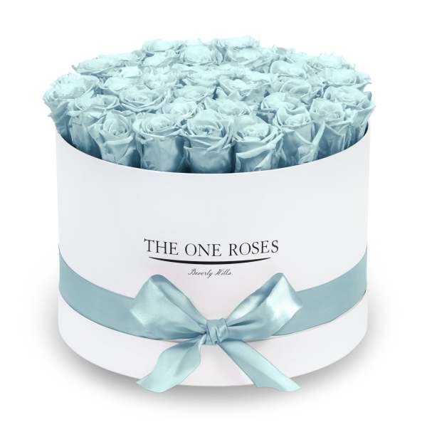 Round box of pale blue roses with a satin ribbon