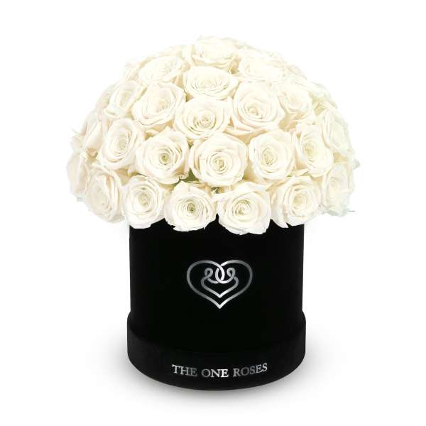White roses arranged in a black round box
