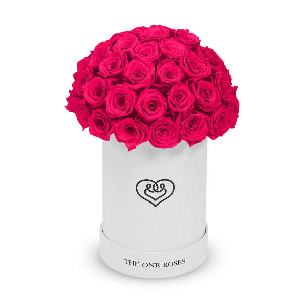 Hot pink roses arranged in a white cylindrical box