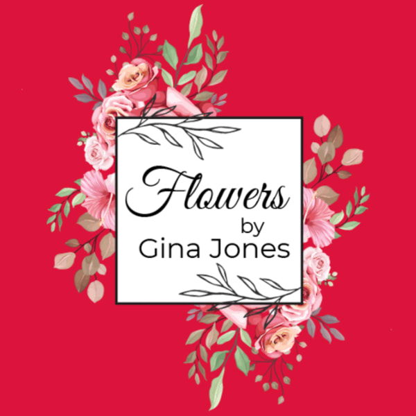 Floral logo with pink roses around a white square reading Flowers by Gina Jones