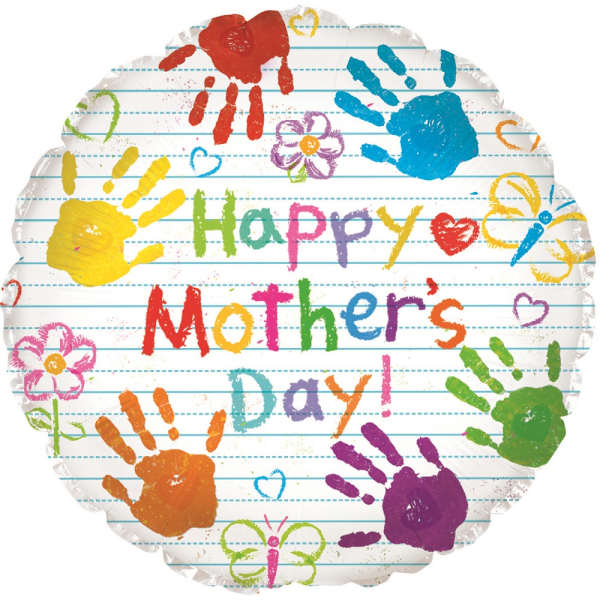 Round balloon with colorful handprints and "Happy Mother's Day" text