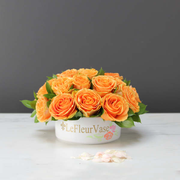 Orange roses arranged in a white round vase