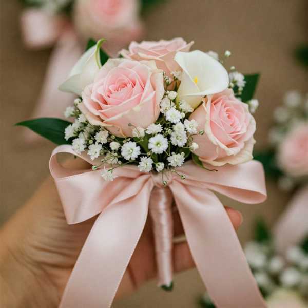 Pink rose boutonniere with white filler flowers and a satin ribbon