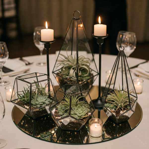 Succulent terrariums with candles on a mirrored table centerpiece