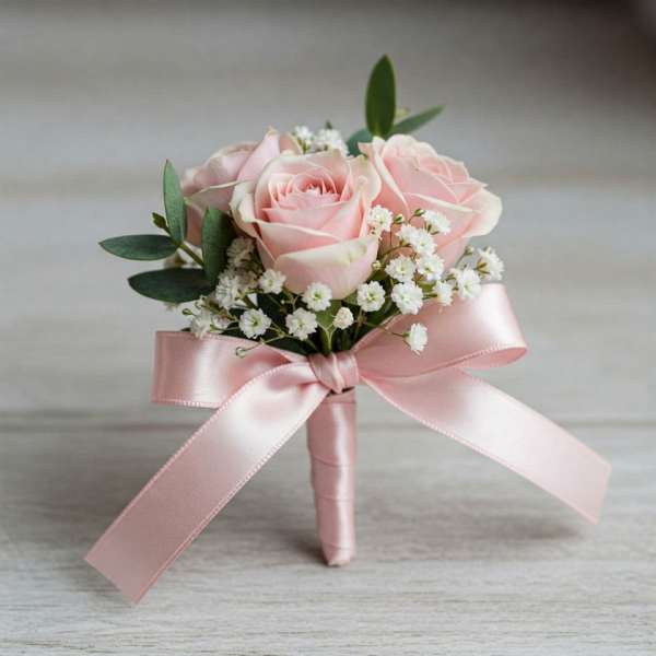 Pink rose boutonniere with baby's breath and a satin ribbon wrap