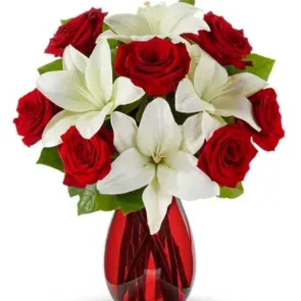 Classic Red Rose & White Lily Bouquet
