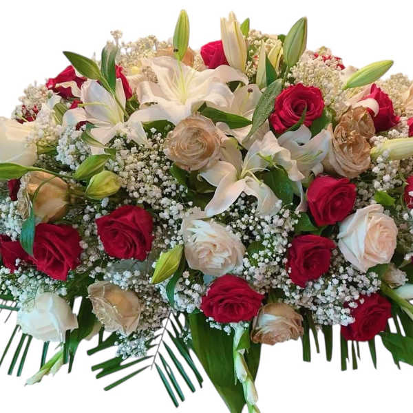 Large bouquet of red and white roses with lilies and baby's breath