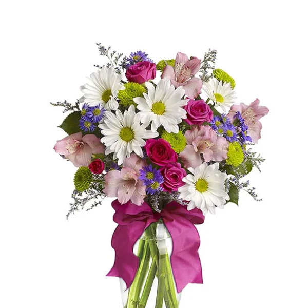 Bouquet of daisies, pink roses, and alstroemeria in a glass vase with a magenta ribbon.