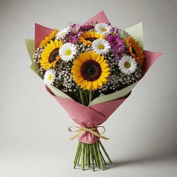 Bouquet of sunflowers, daisies, and purple flowers wrapped in pink paper
