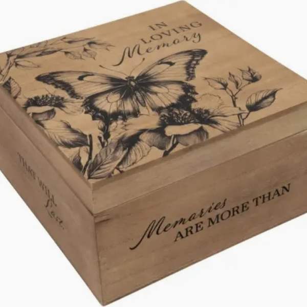 Wooden memorial box with butterfly and floral engraving