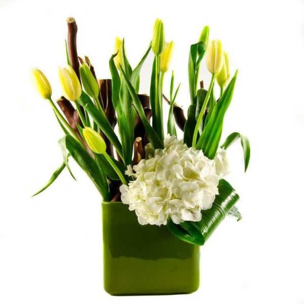 Yellow tulips and white hydrangea in a green vase