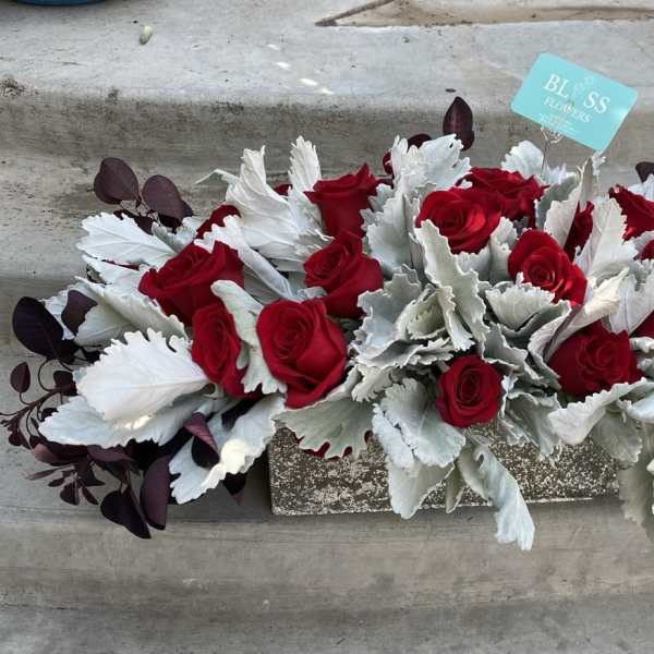 Rectangular arrangement of red roses with silver foliage in a low container